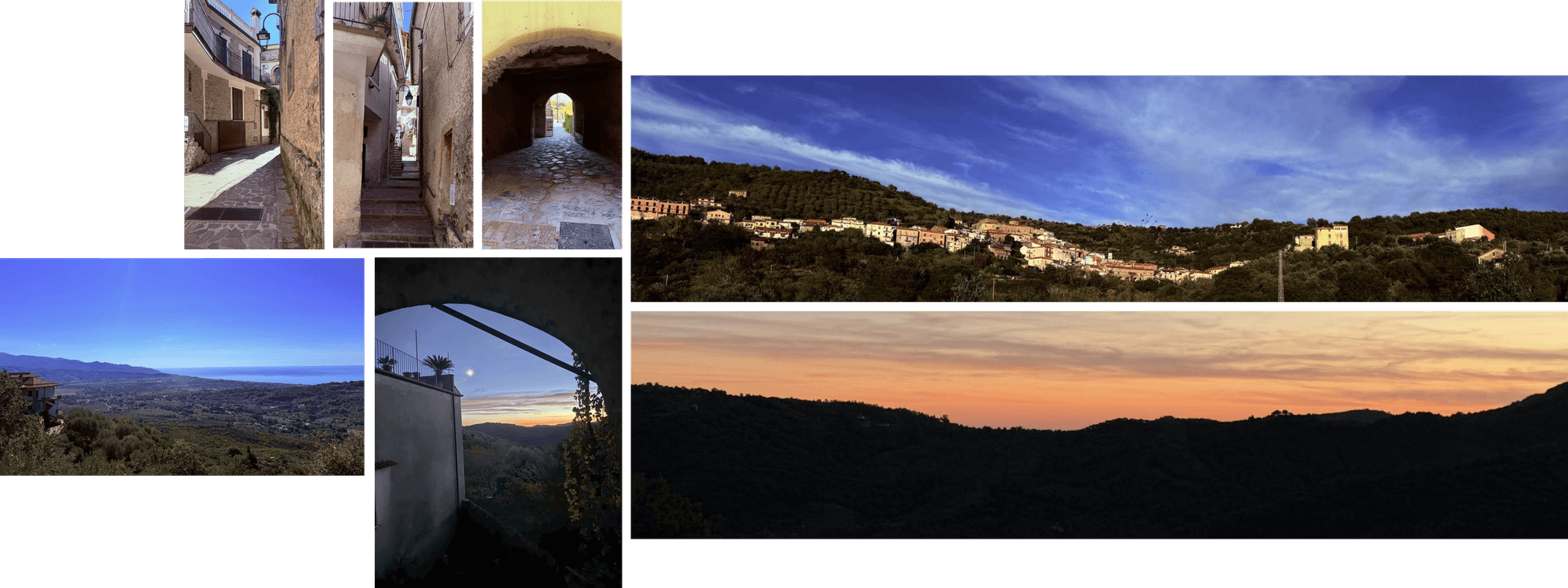 Acquavella: alleys, arches and steps of the village, the view over the Cilento sea, the village on the hill, the moon beneath the arch and the sunset over the hills