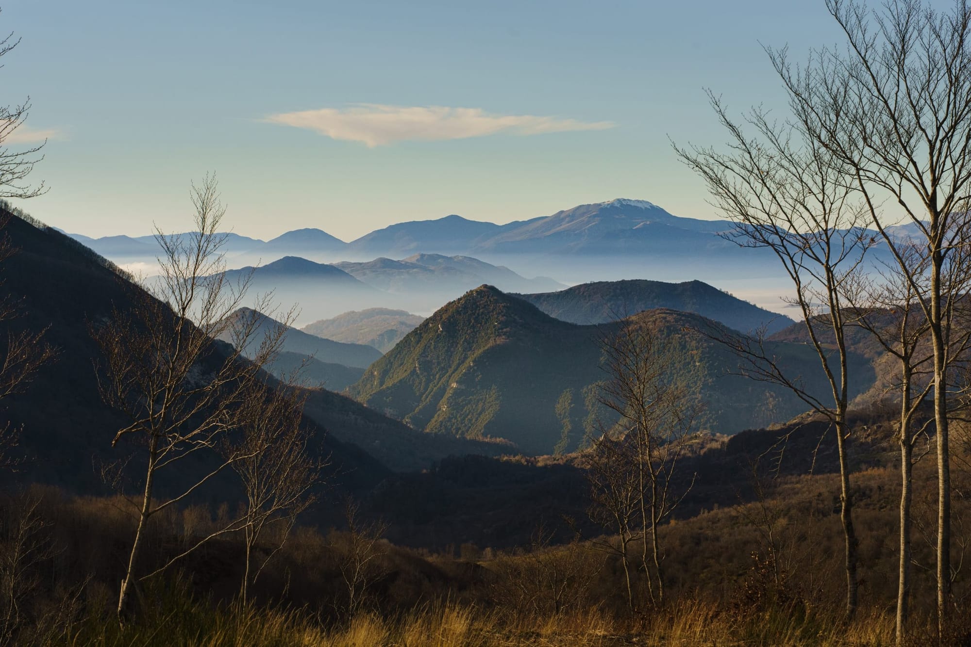 Mountains and valleys of the Cilento, Vallo di Diano and Alburni National Park in the morning mist